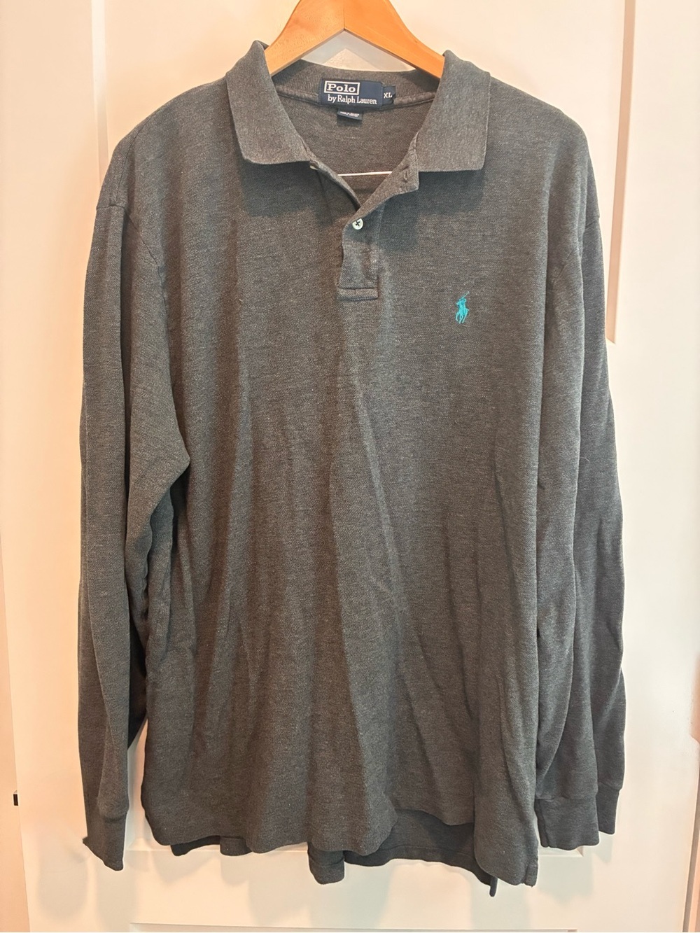 Polo by Ralph Lauren Men's Long-Sleeve Heather Gray Polo Teal Pony 100% cotton